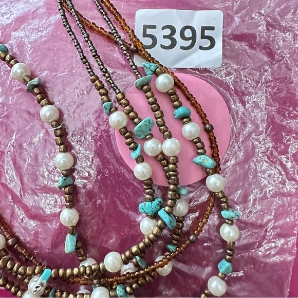 Woman’s 5 strand, multi beaded necklace, mixed beads, turquoise chips 5395 P - Picture 7 of 11